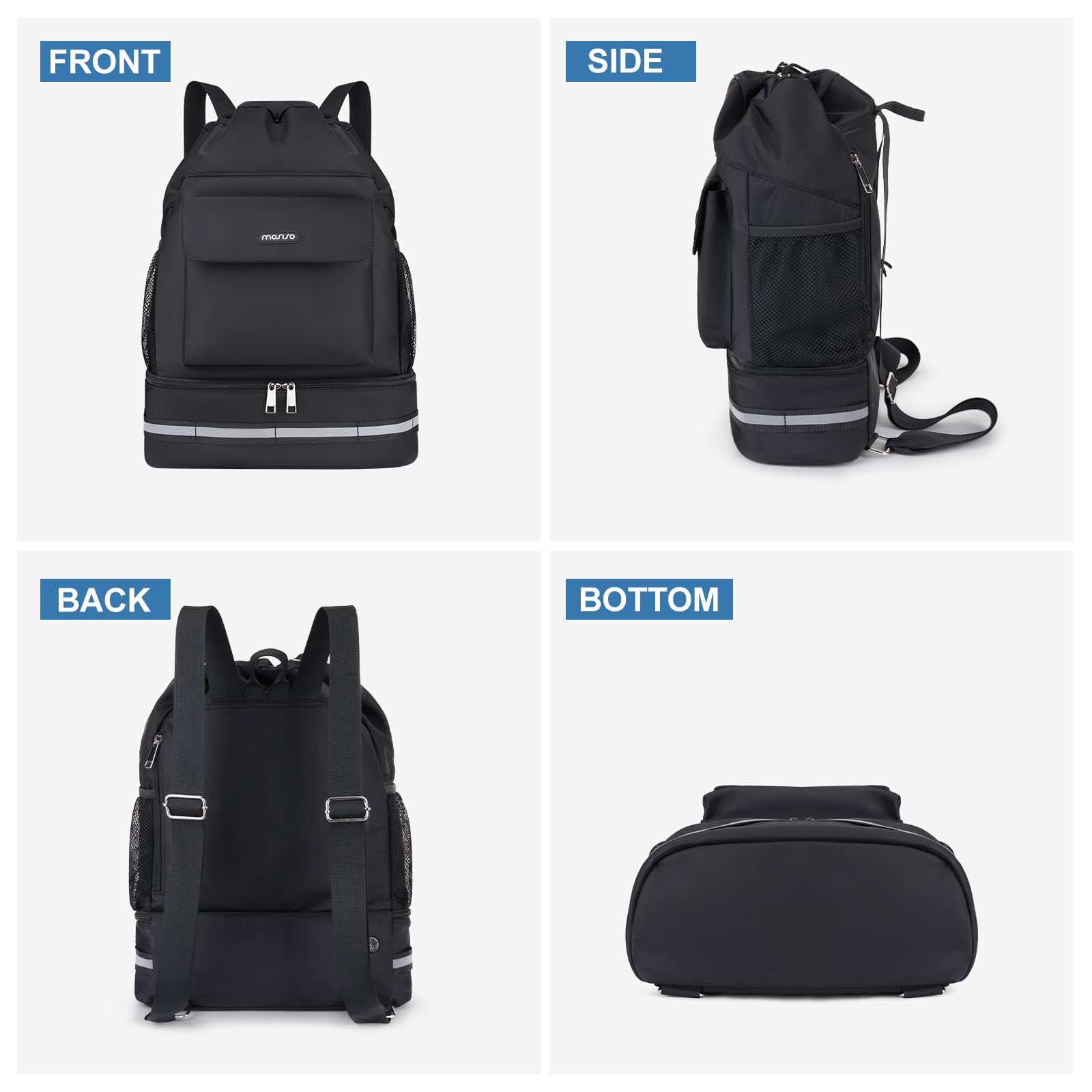 MOSISO Bolsa de Gimnasio para Mujerr y Hombre, Mochila Deportiva con Cordón con Compartimento para Zapatos&Bolsillo Frontal, Bolsa Viaje para Fitness para Viajes Deportes Yoga, Negro