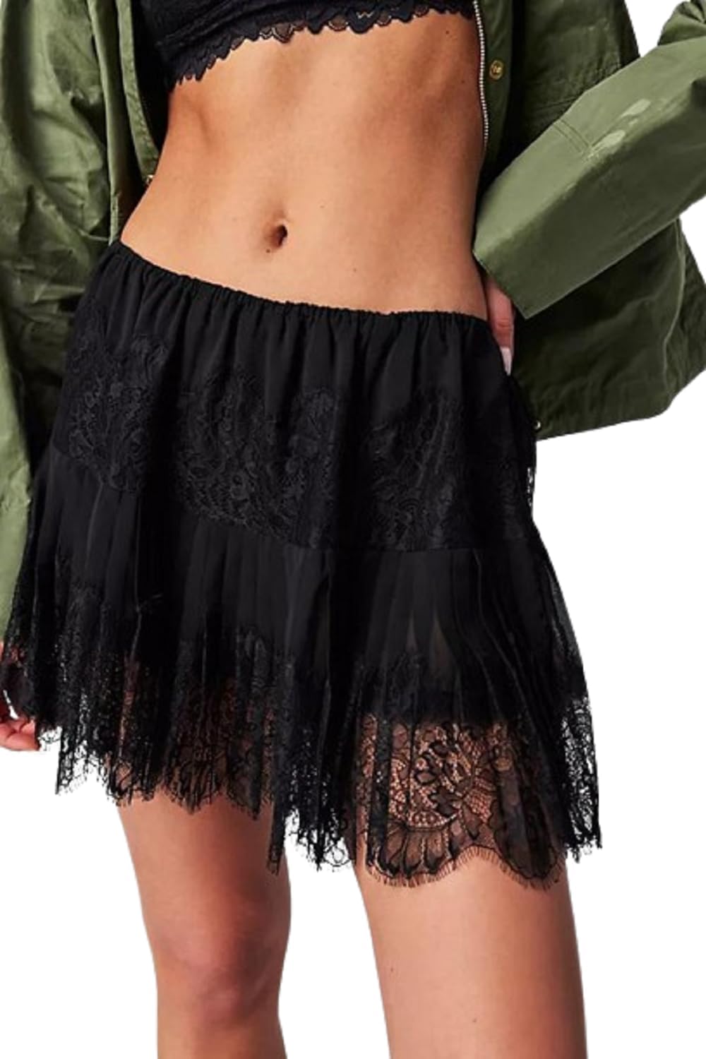 Womens Low Rise Lace Mini Skirt Y2k Pleated Ruffle Short Skirt Flowy Asymmetrical Underskirt Fairy Half Slip Skirts