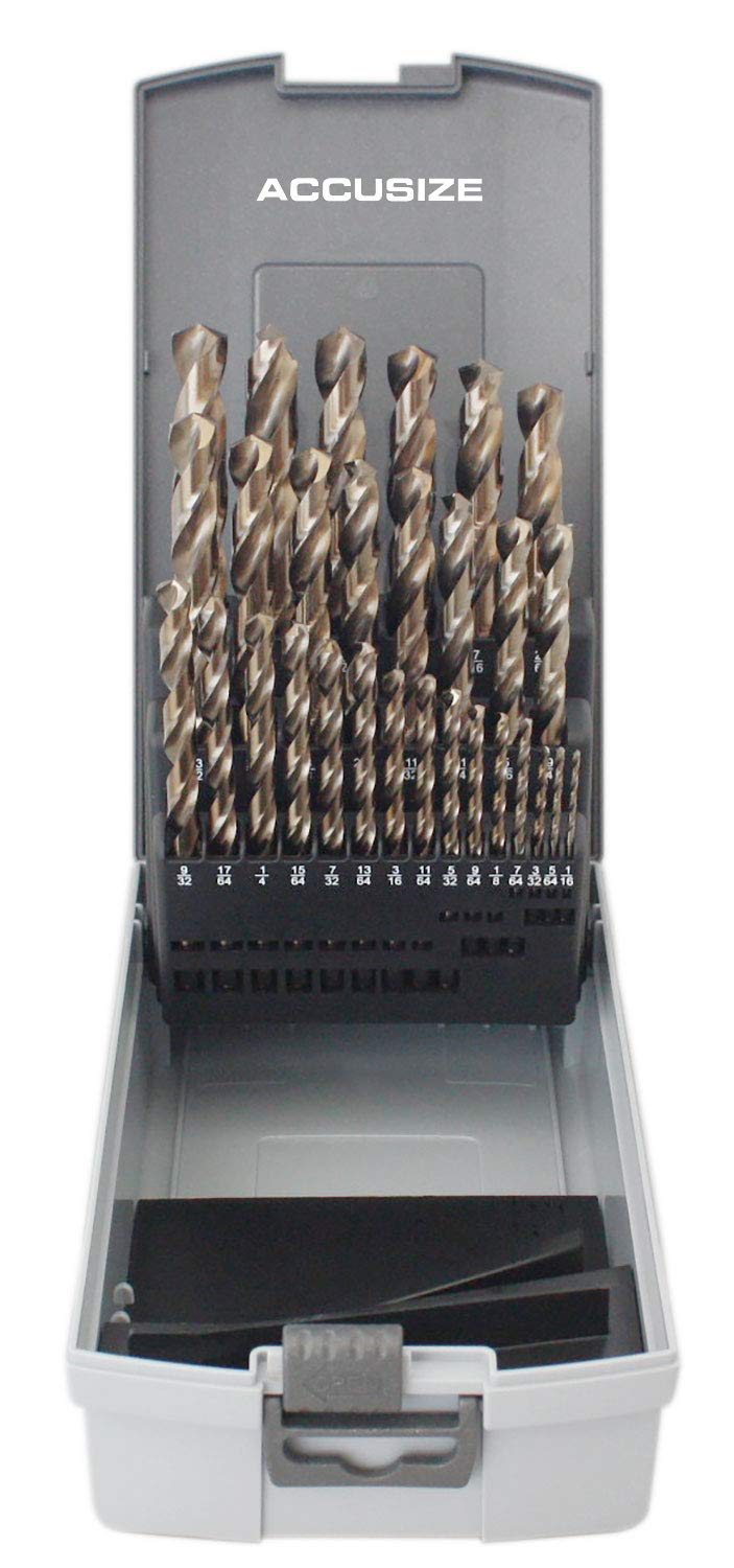 Accusize Industrial Tools 29 Pc Jobber Drill Set, 135 Degree Split Point, M35 (H.S.S. Plus 5% Cobalt), 1/16'' - 1/2'' by 1/64'', 0422-0029