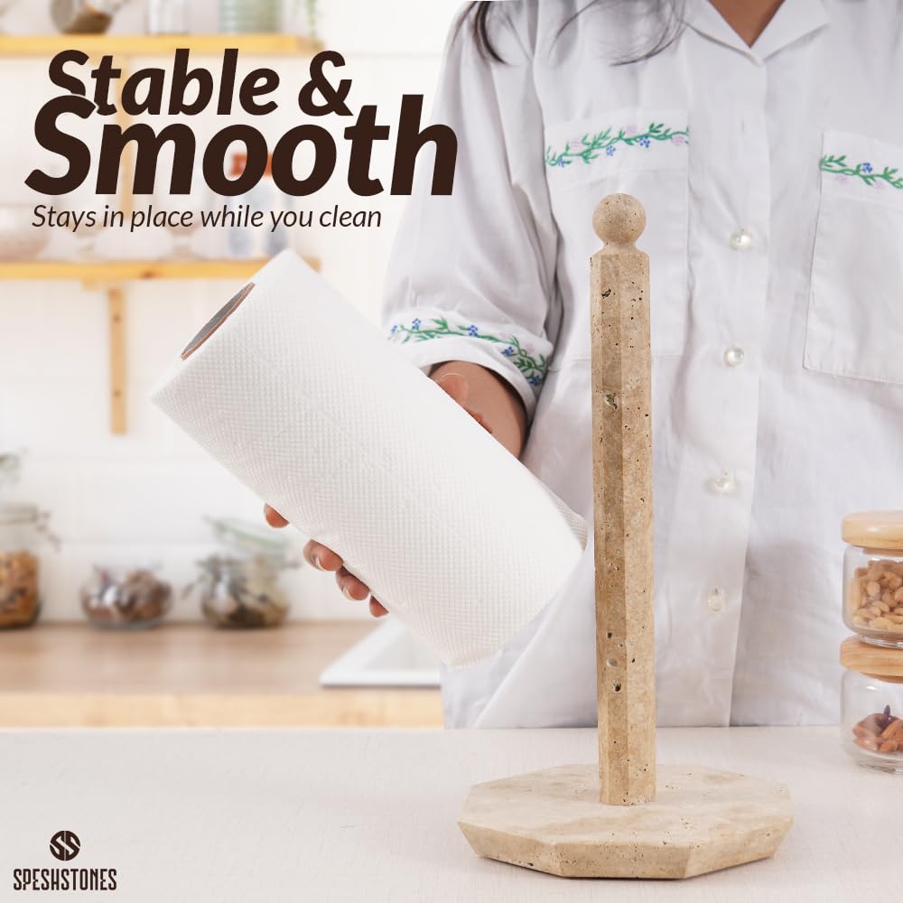 SPESHSTONES Soporte para Toallas de Papel de mármol travertino de 12.5 Pulgadas para Toallas de Cocina, Soporte para Rollo de Papel Hecho a Mano con Soporte