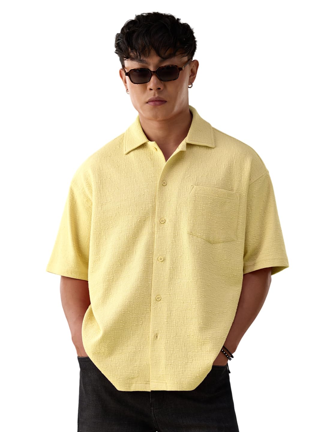 the souled store Oversized Shirt: Men and Boys Short Sleeves Cuban Collar Solid Cotton Blend Oversized Fit Textured Everyday Drop Shoulder Lightweight Casual Streetwear Shirt-picture-16