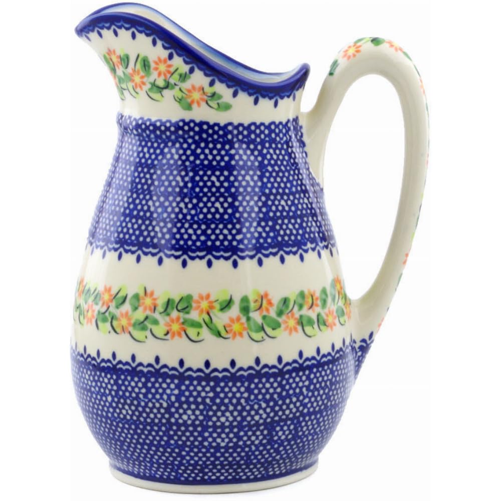 Authentic Polish Pottery Pitcher in Elegant Garland Design Handmade in Boles?awiec Poland by Ceramika Bona + Certificate of Authenticity