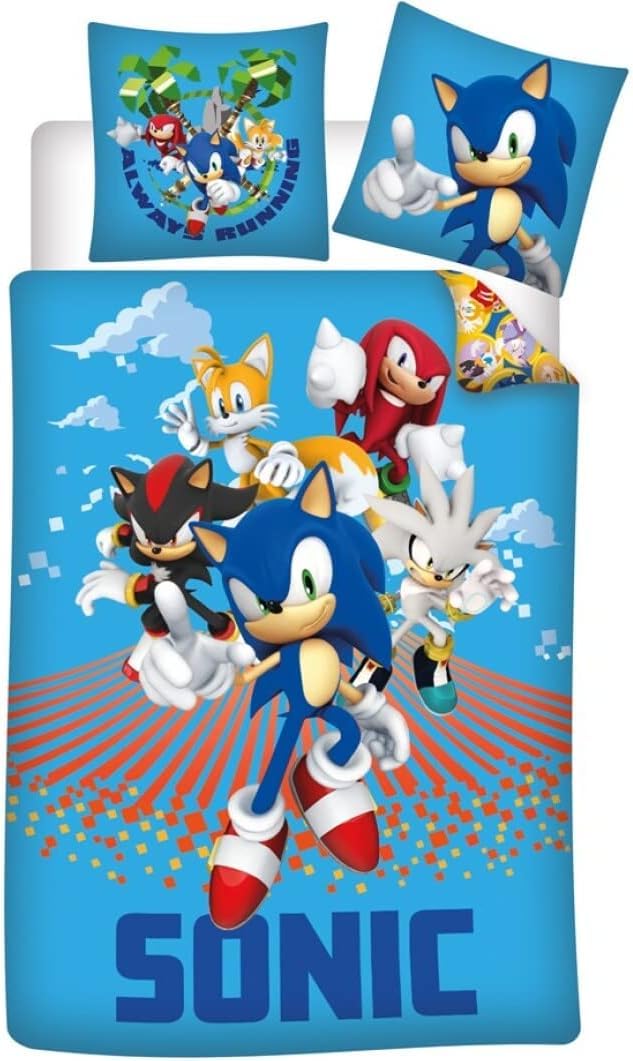 Sonic The Hedgehog Children's Bedding Set 100 x 135 cm + Pillowcase 40 x 60 cm – 100% Cotton – Reversible Duvet Cover with Sonic Tails & Knuckles – Official – Blue