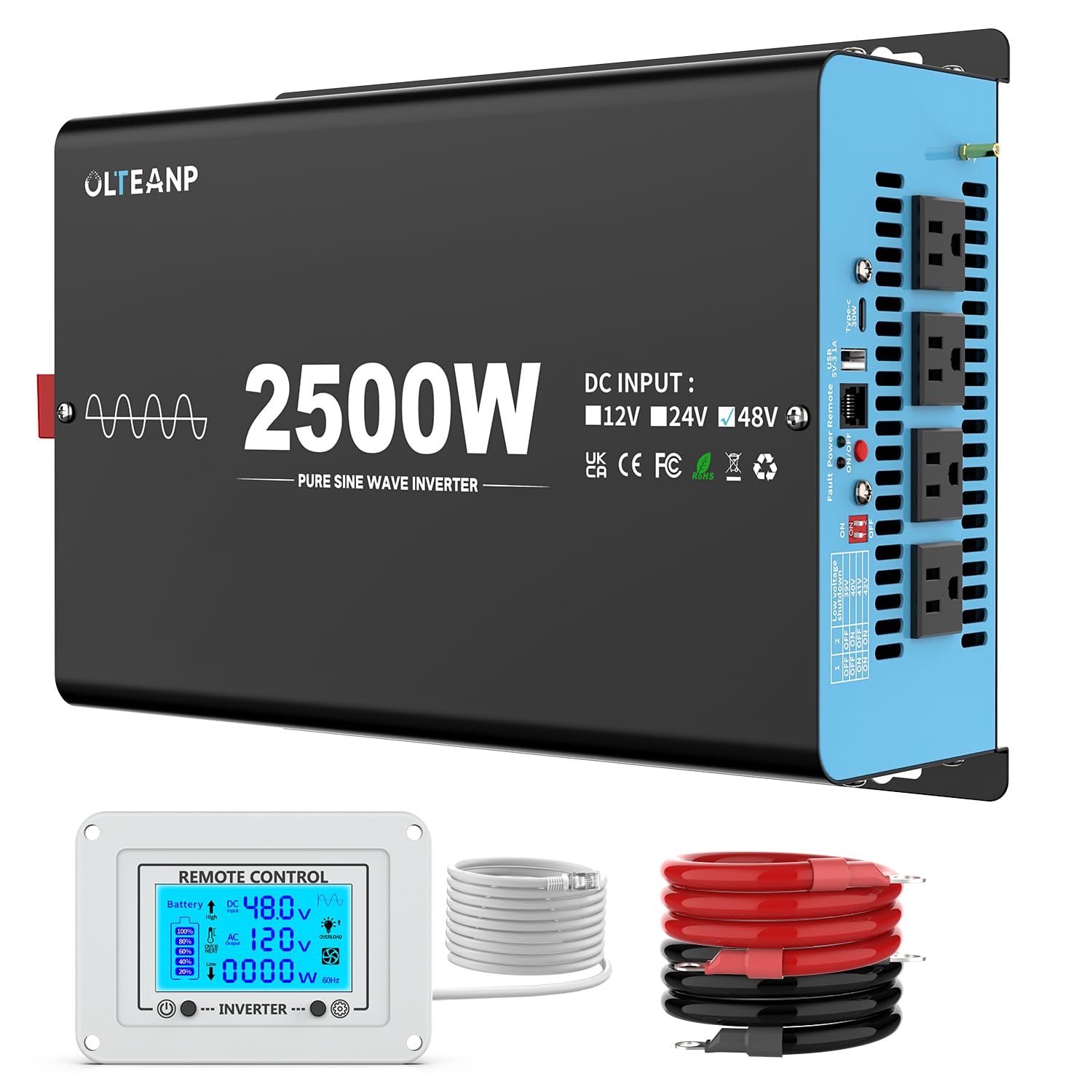 Photo 1 of 48V 2500W Pure Sine Wave Inverter 48V DC to 110V AC, 5000W Peak Power, 4 AC Outlets, USB & Type-C Port, Adjustable Input for Lithium Battery, Solar/Off-Grid Backup with LCD Remote