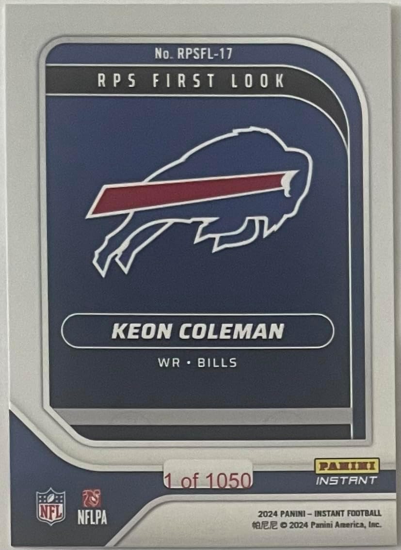 2024 Panini Instant Keon Coleman Bills RC #RPSFL-17 -Rookie Premiere RPS First Look - Football Trading Card- Buffalo - Each Card Stamped 1 of 1050 on back. Shipped in Protective Screwdown Holder!