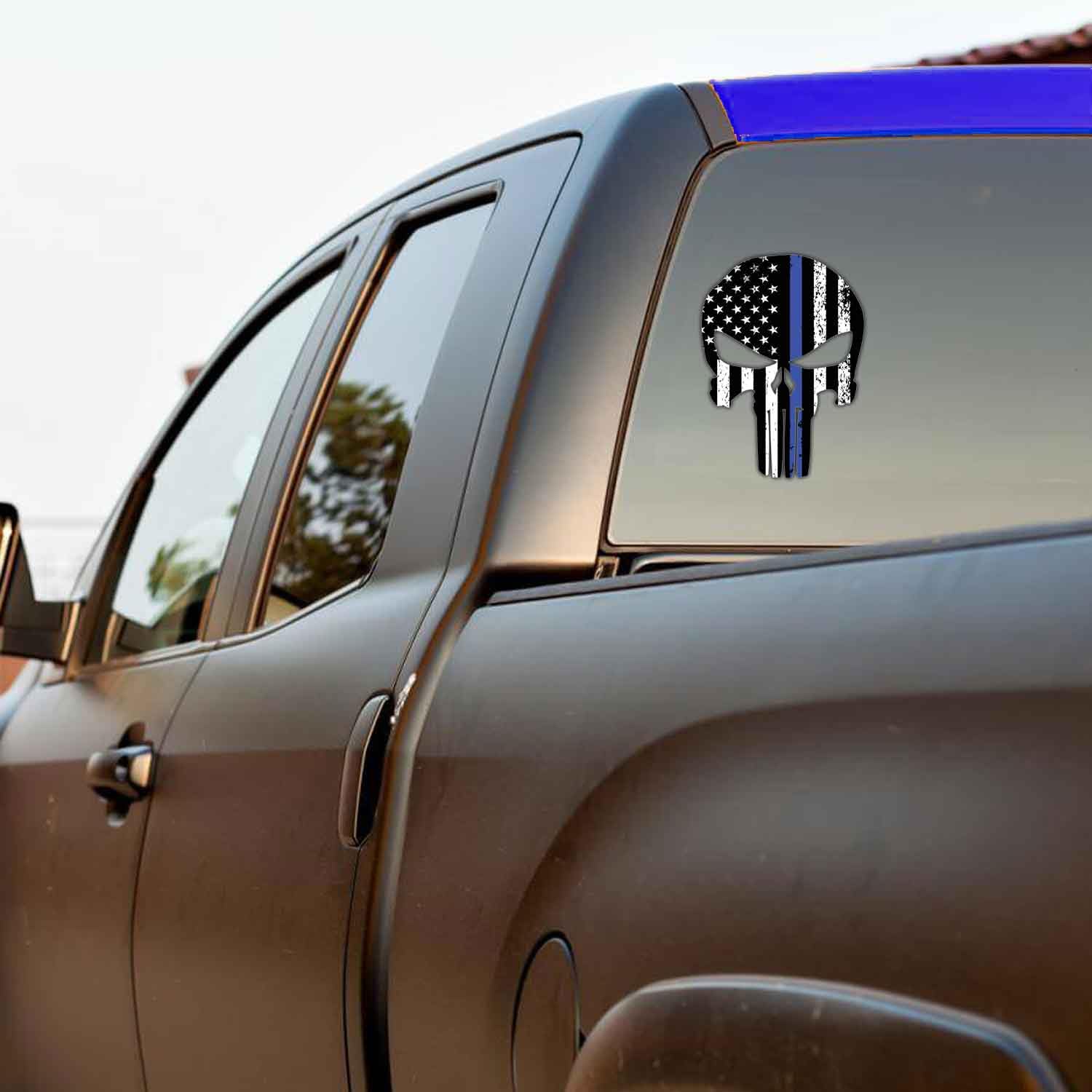 Thin Blue Line Skull Decal – Police Lives Matter Vinyl Sticker, Matte Blue, Car Truck Window Bumper, USA Made