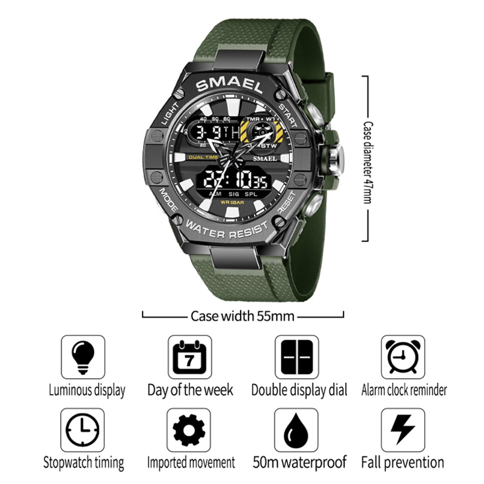 Montre Homme Digitale Outdoor Sport Grand Cadran Militaire Multifonction Étanche Montre LED Lumière Alarme Calendrier Date Montre