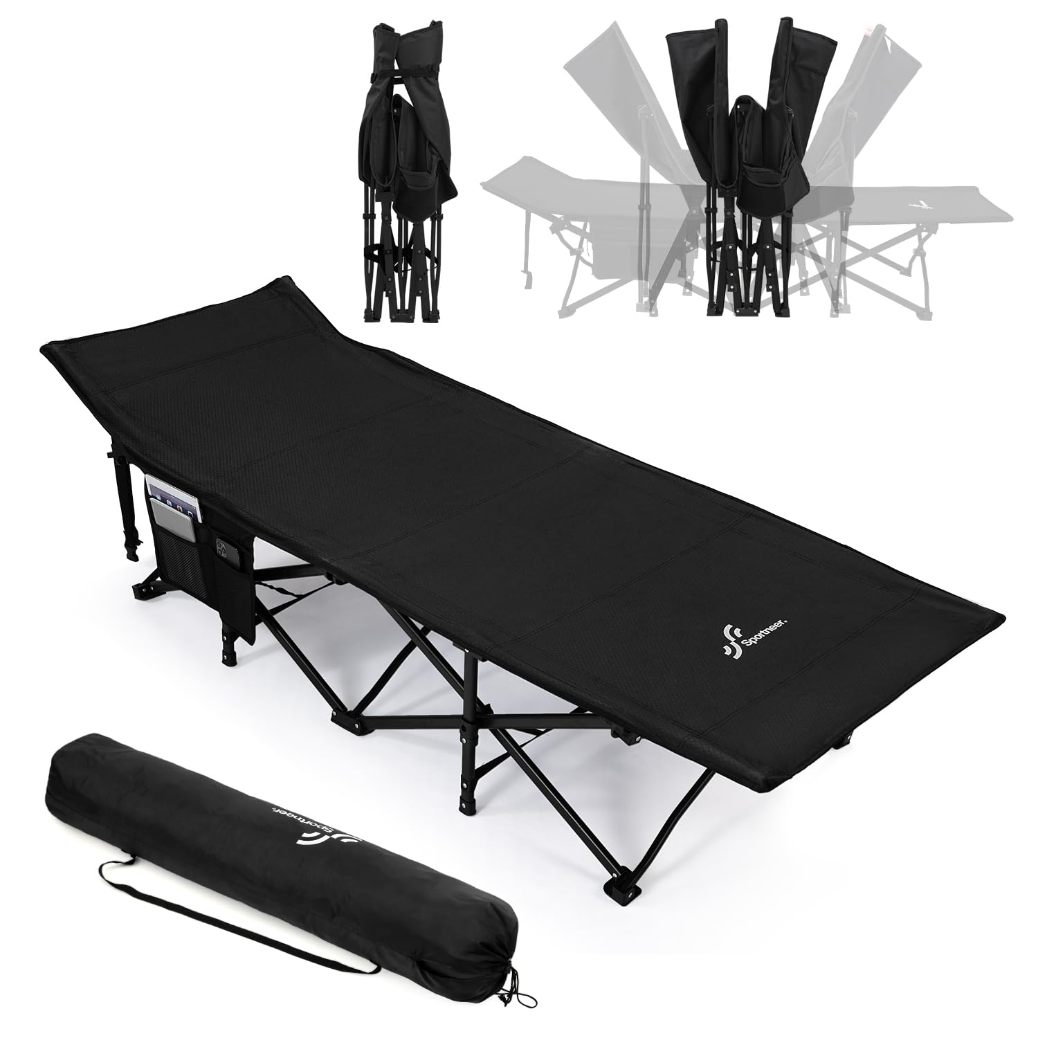 Sportneer Camping Cot: 1200D Double Layer Oxford Foldable Camping Cots for Adults - Heavy Duty Cots for Camping Travel Tent Day Outdoor & Home Guest, Camping Cots with Carry Bag & 2 Side Pockets