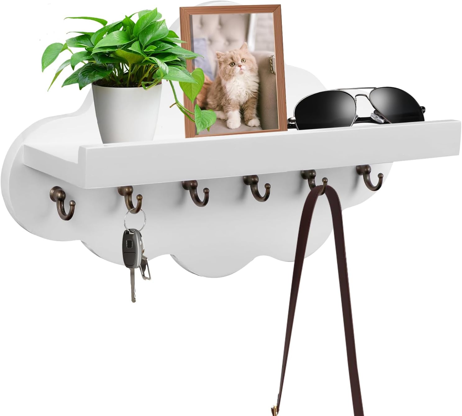 Cloud Key Holder for Wall with Shelf and 6 Hooks, Rustic Wooden Key Hooks Wall Mounted Mail Rack Organizer, Heavy Duty Key Hanger Hooks Home Decor for Entryway Office Mudroom (White)