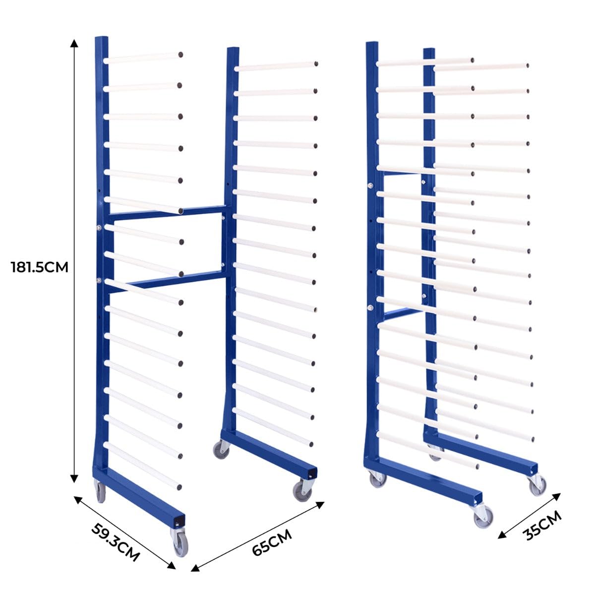 T-Mech Lot de 5 Chariots de Séchage Combinables à 15 Niveaux Acier Bleu Capacité de 375 kg Roulettes Largeur 35 cm - 65 cm Séchage de Peinture Placoplâtre Planches de Plâtre [4 x Connecteurs INCLUS]