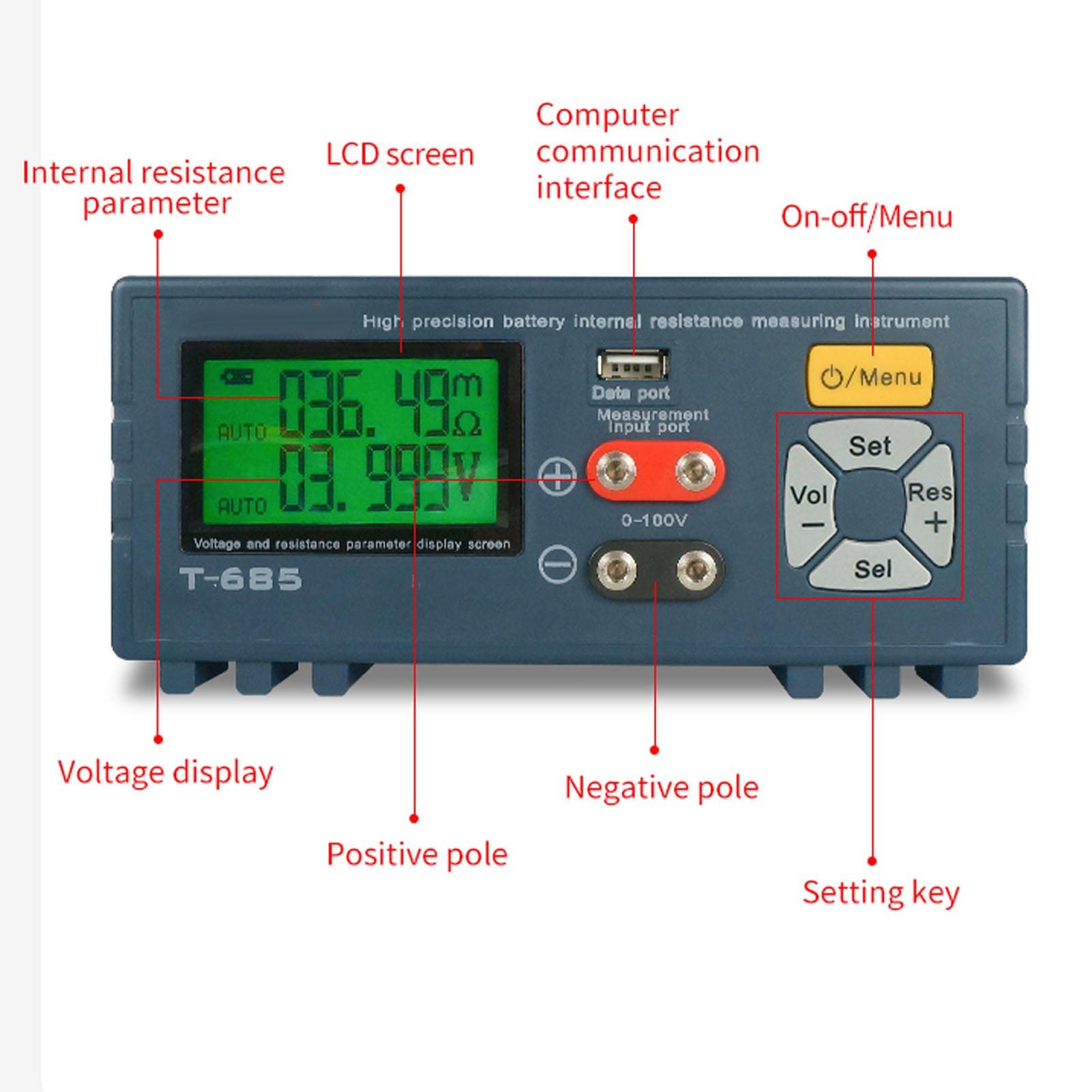 Chrees Tester di Tensione per Batterie Al Litio Misuratore di Resistenza Interna Analizzatore di Resistenza LCD 18 Bit AD Alta Risoluzione 1KHZ Misurazione CA con Morsetto a 4 Fil (Spina europea)