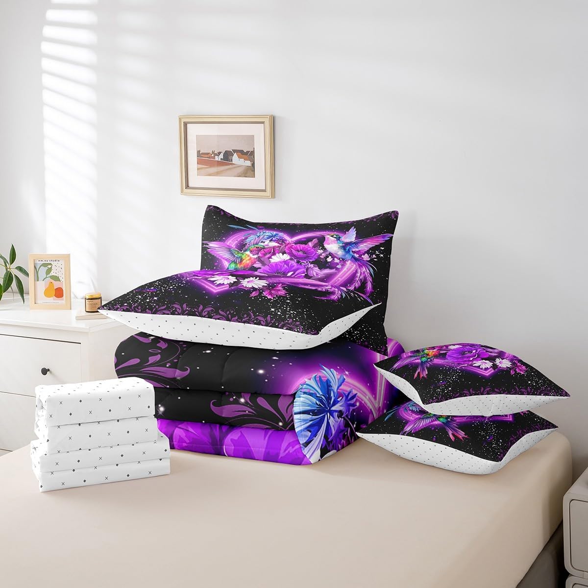 Feelyou Hummingbird Comforter Set Twin Size 7 Pieces Twin for Grandma Couple Cute Birds Floral Bed in a Bag Bedding Set Galaxy Bed Set with Comforter, Sheet Set, Pillowcases, Pillow Covers Purple