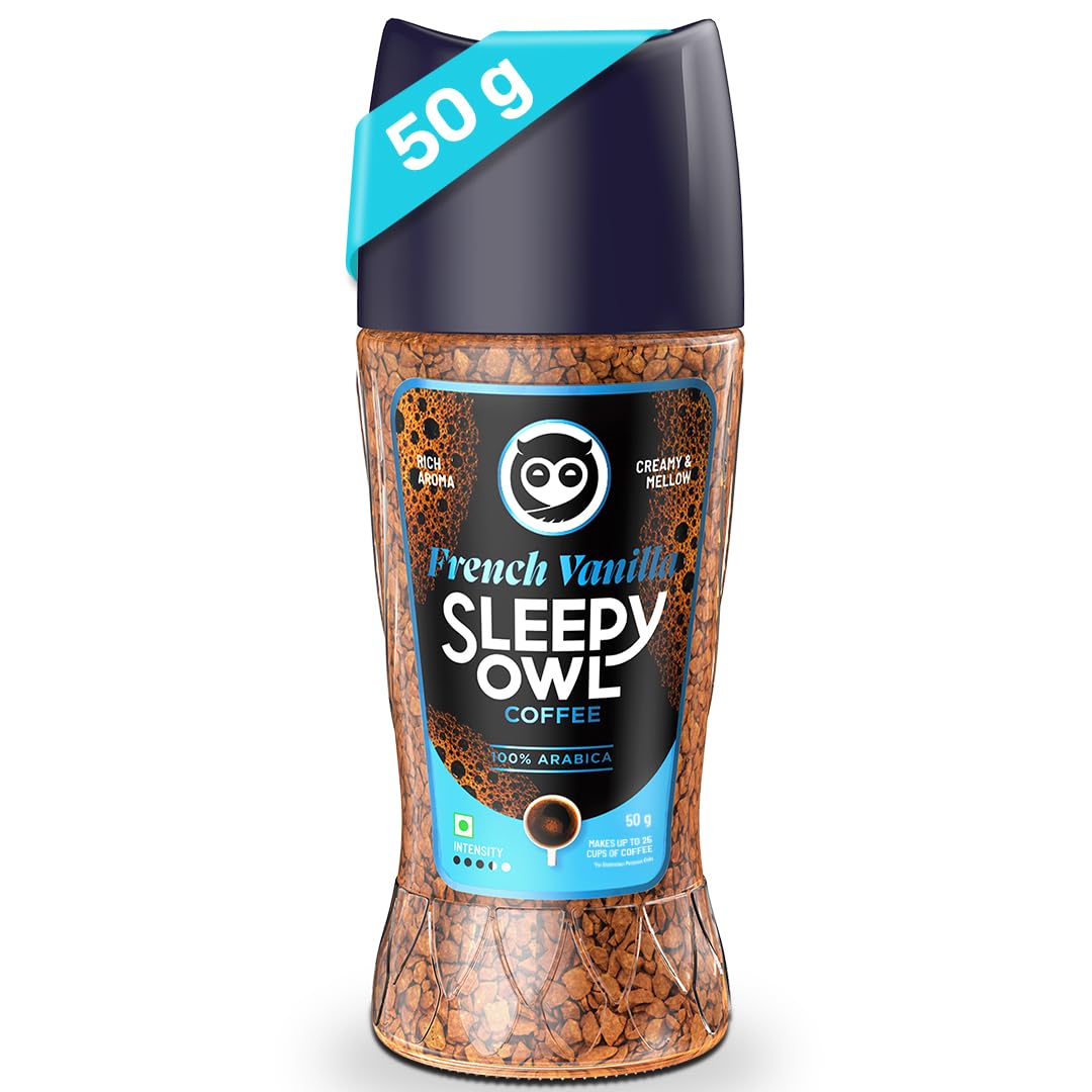 Sleepy Owl 50gm French Vanilla Premium Instant Coffee | 100% Arabica | Makes 25 Cups | Sweet & Mellow Flavoured Coffee | Make Café Style Hot or Cold Coffee, Cappuccino, Espresso, Latte at Home