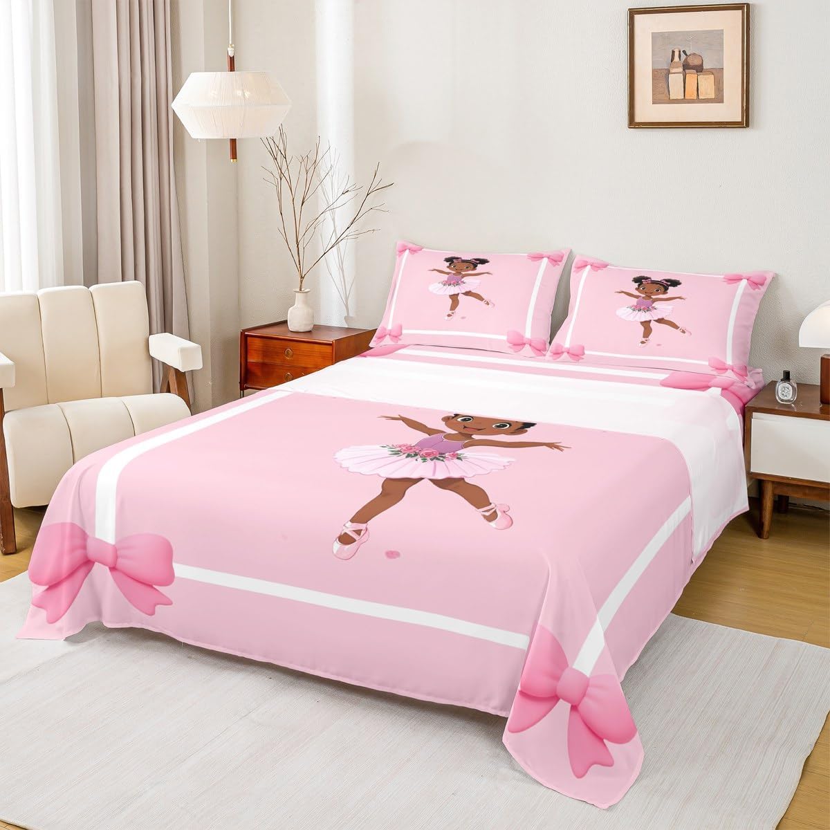Ballerina Bed Sheets Set King Size Kids Pink Ballet Fitted Sheet with Deep Pocket for Boys Girls Teens Black Girl Dancer Bedding Set Breathable Princess Decor Bedroom Decor Bedclothes