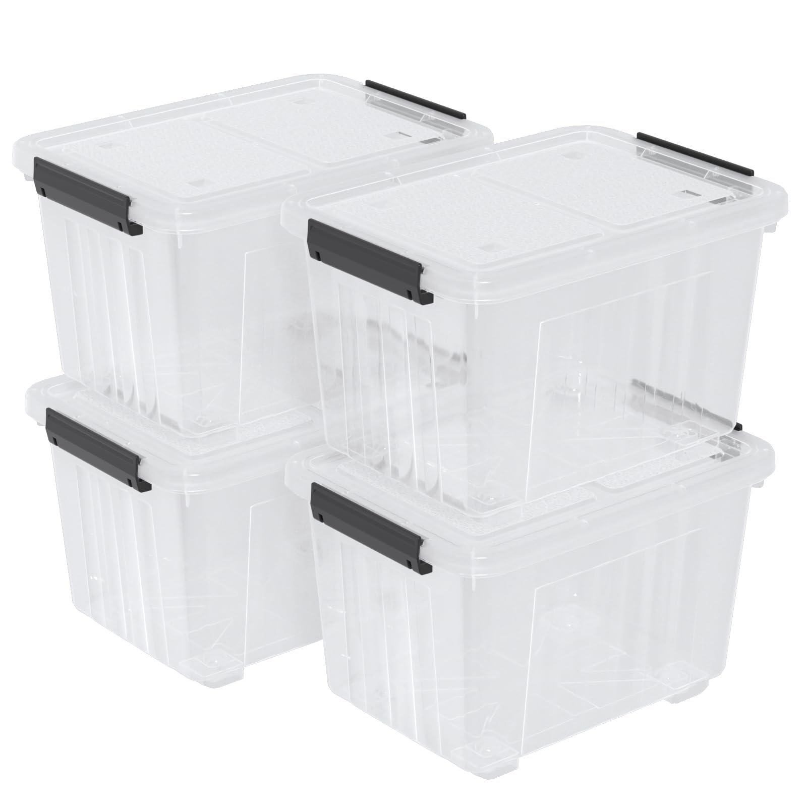Contenedor de almacenamiento con tapa de plástico de 50 L, paquete de 4 cajas de almacenamiento transparentes con ruedas