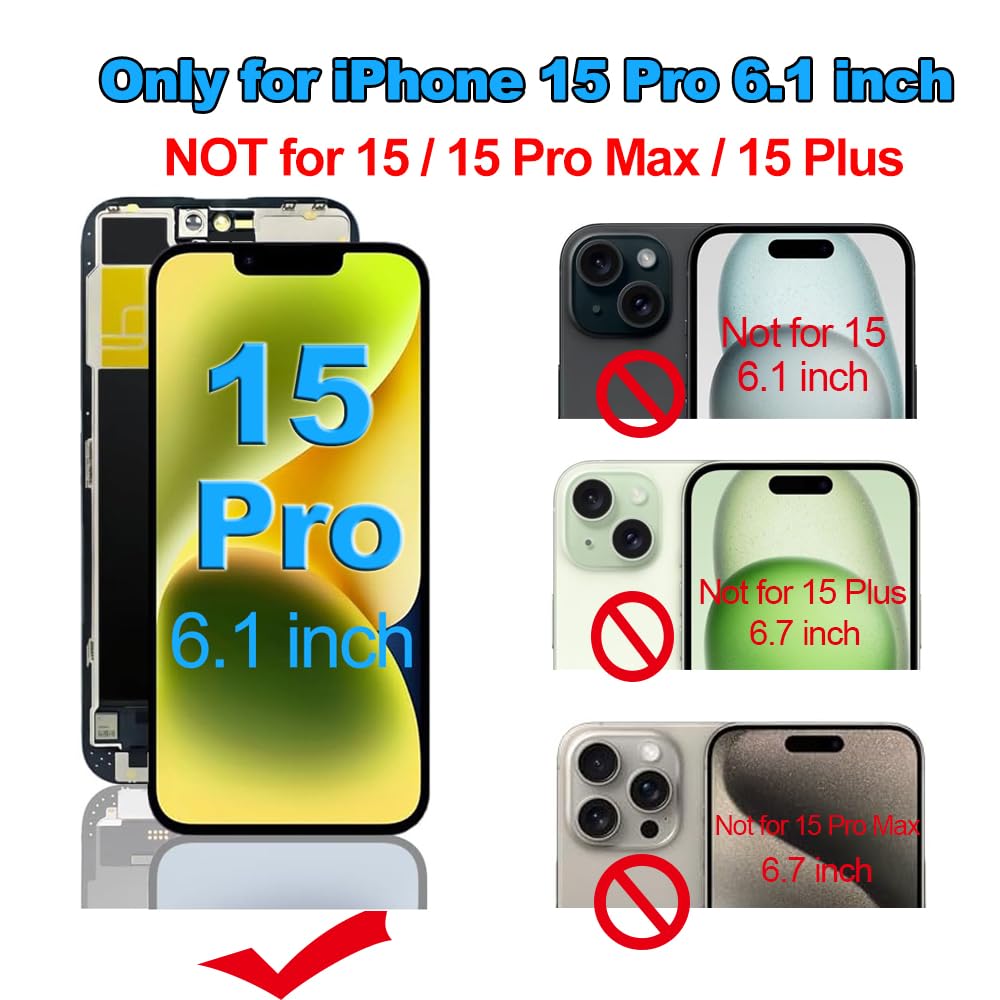 Photo 1 of Fixerman for iPhone 15 Pro Screen Replacement 6.1 inch Full HD, 3D Touch LCD Display Digitizer Assembly with Repair Tools - Model A2848, A3101, A3104, A3102