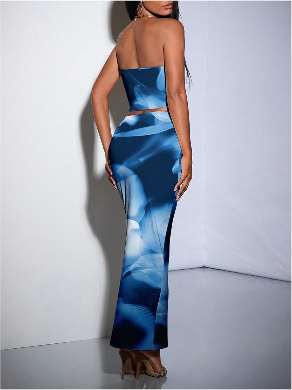 GORGLITTER Women's Two Piece Outfits Strapless Tie Dye Tube Crop Top and Bodycon Maxi Skirt Set - Image 2