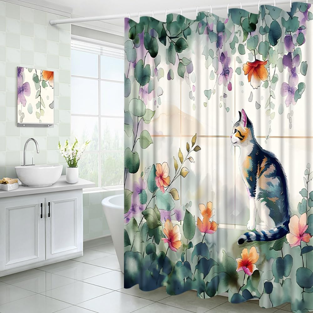 Plant Cat Shower Curtain Watercolor Leaves Floral Kitty Spring Rustic Farmhouse Fabric Bathroom Decor Curtains Set with Hooks