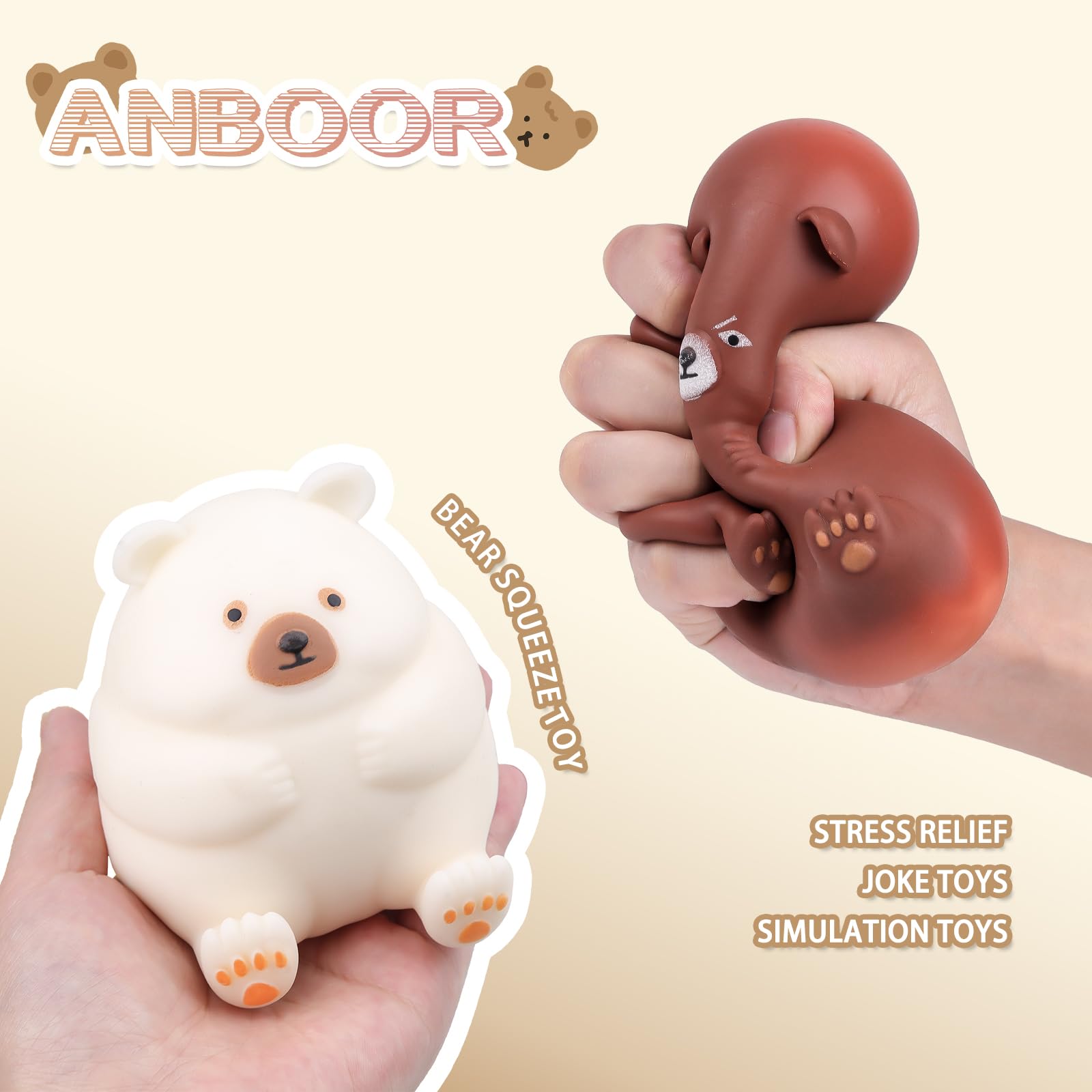 Anboor 2 PCS Stretchy Bear Stress Ball, Sensory Simulation Fidget Toy for Kids and Adults (White & Brown) - Image 2