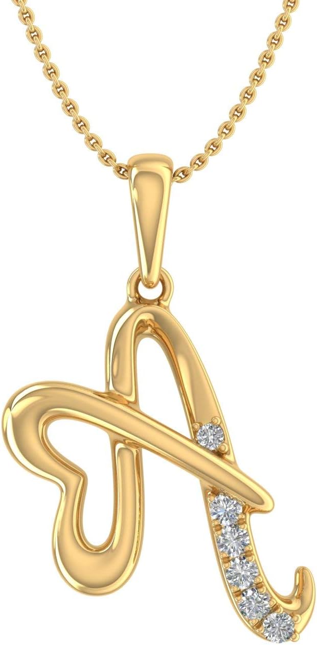 0.05 ctw Diamond Heart Initial A Letter Pendant Necklace in 14K Yellow Gold (with Silver Chain) (I1-I2 Clarity) Valentines Day Gift for her