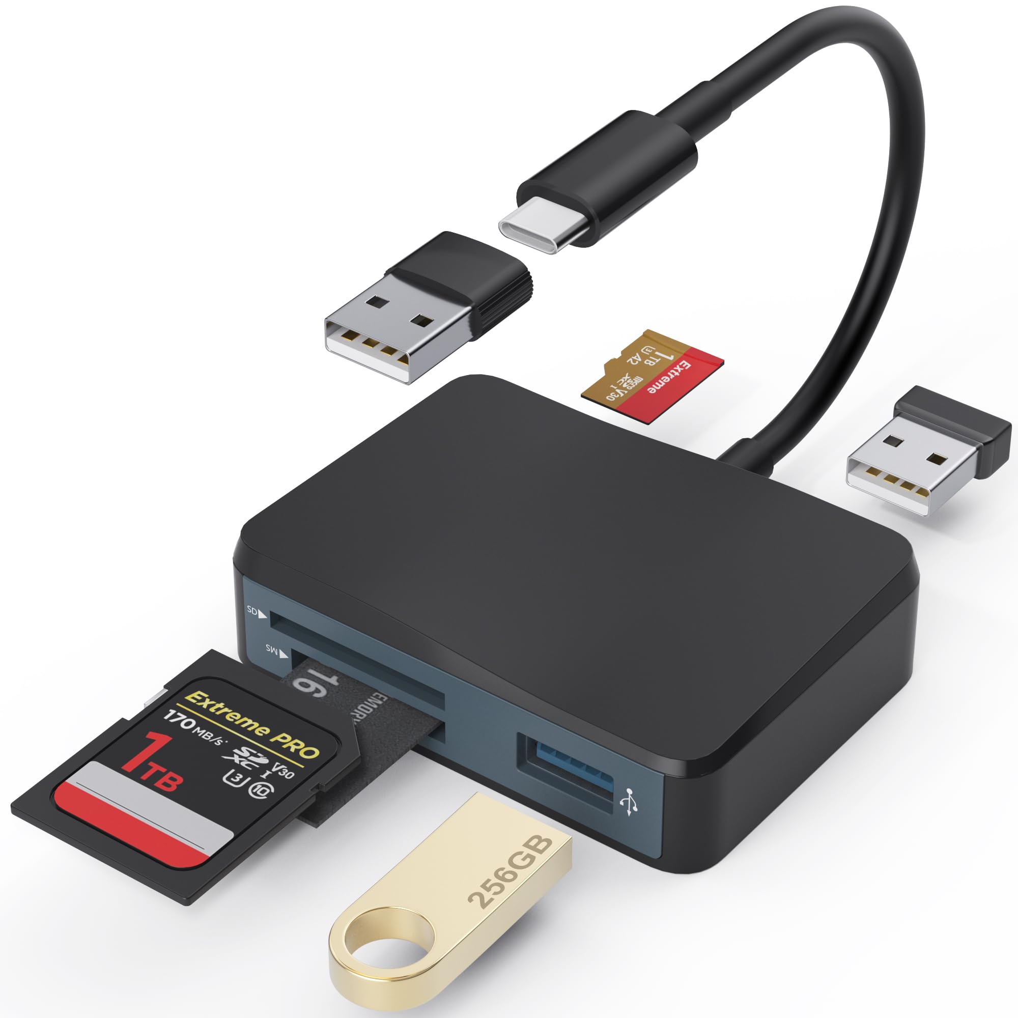 SD Card Reader, 5 in 1 USB-C & USB Card Adapter with SD/MicroSD/MS and Dual USB-A Ports Memory Card Reader for iPhone 17/16/15 Pro Max iPad MacBook Pro/Air M4/M3 Android Phone/Tablet PC (Black)-image-48