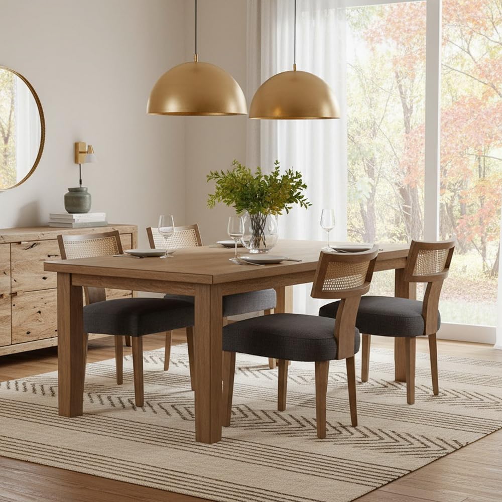 RIVOVA Rattan Dining Chairs Set of 4, Modern Fabric Upholstered Kitchen Chairs, Wooden Dining Room Chair Farmhouse Dinner Chair, Charcoal