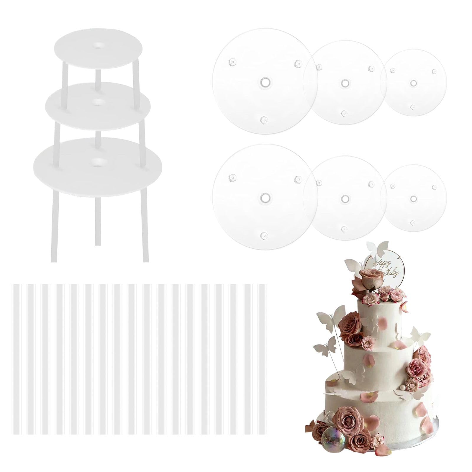 Dalaetus Transparent 24 Pcs Cake Dowels For Tiered Cakes Set With Cake Boards, Reusable Cake Dowel For Cake Shop, Cake Supports For Tiered Cakes Construction And Stacking Supporting (