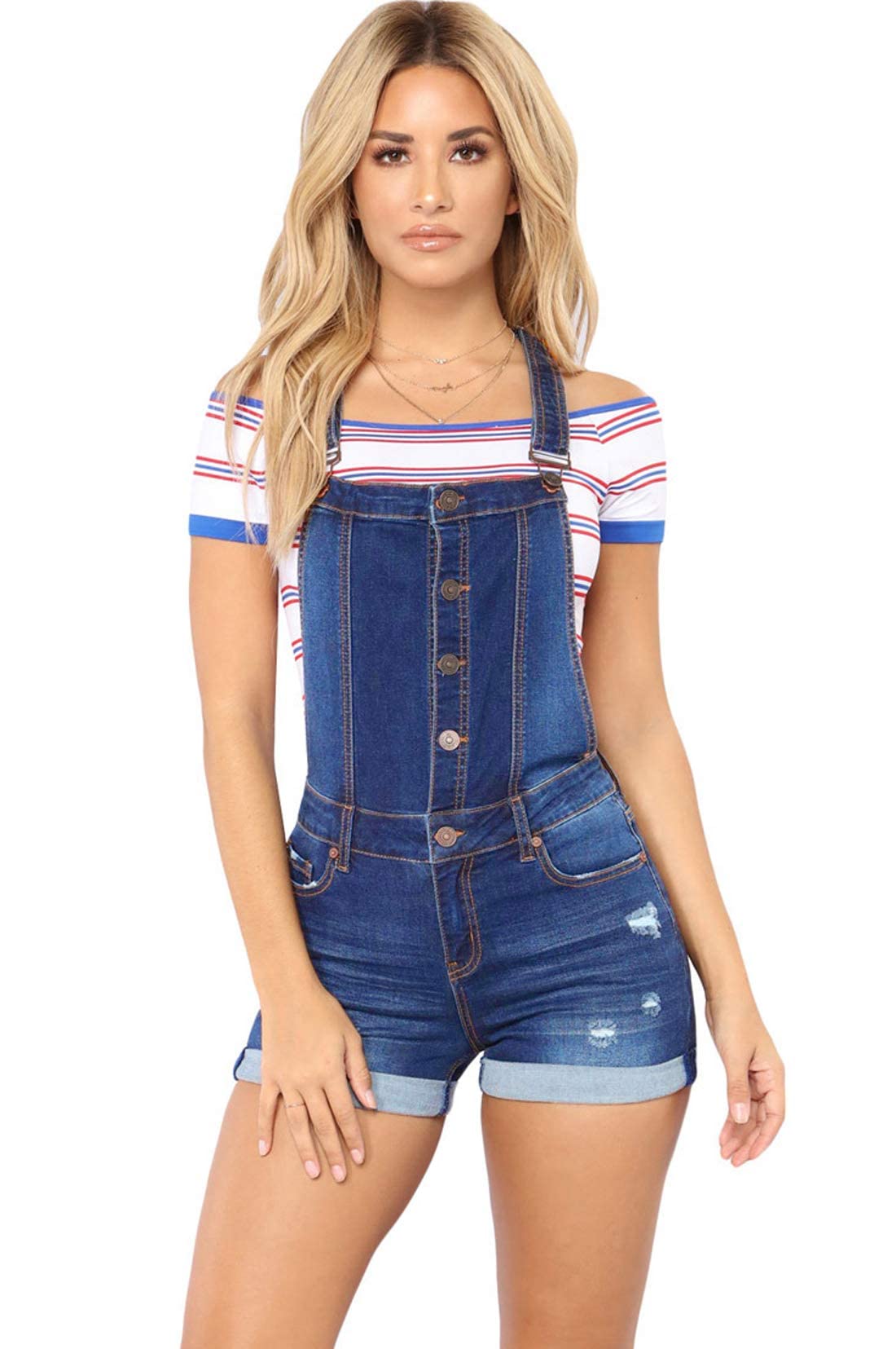 ebossy Women's Adjustable Strap Button Front Shortalls Ripped Short Denim Jeans Overall - X-Large - Blue