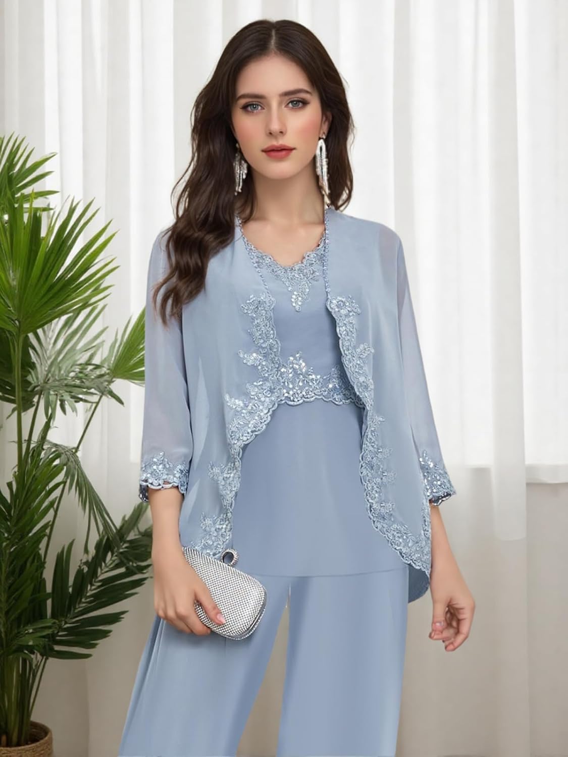 Damen Hosenanzug 3-Teilig Festlich Elegant Chiffon Mutter Der Braut Outfit Brautmutter Anzug Hosenanzüge Mit Jacke