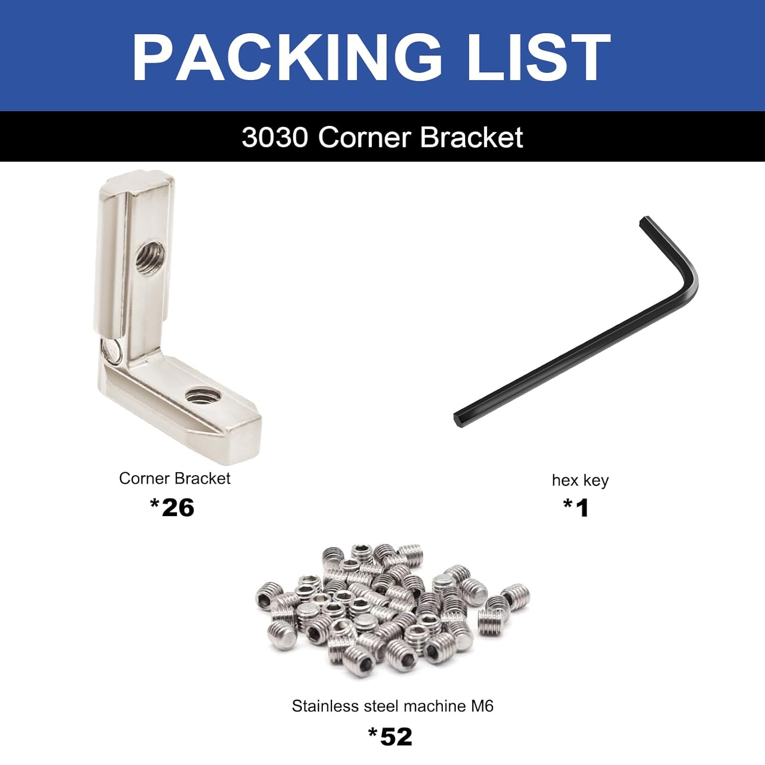 26Pcs 3030 Inside Joint Corner Brackets Set with Screws, 3030 Inside Corner Angle Connector for 3030 Series Aluminum Extrusion Hardware Accessories Silver