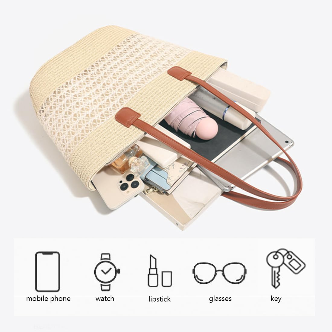 Pahajim Ensemble Sac et Chapeau en Paille Cabas Femme Raphia Chic Sac a Main Ete avec Fermeture Éclair pour Plage Voyage Vacances