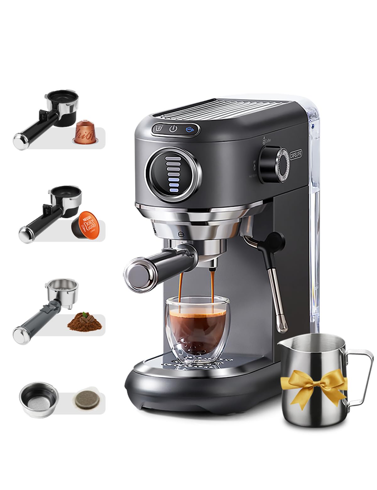 CAFELFFE MK-601F Macchina per caffè espresso 4 in 1 con vapore e brocca, infuso caldo/freddo, macchina da caffè 19 bar compatibile con cialde Nes Original/DG/ESE/caffè macinato per casa/ufficio