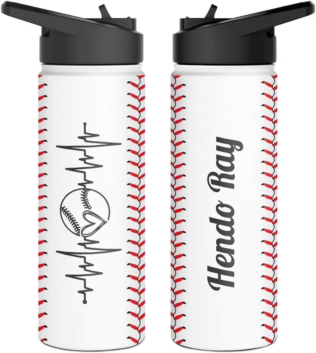 Winorax Personalized Baseball Water Bottle - Heartbeat Insulated Stainless Steel Sports Travel Coffee Bottle for Men, Women, Kids - 12oz, 18oz, 32oz - Gifts for Players, Fans, Coaches