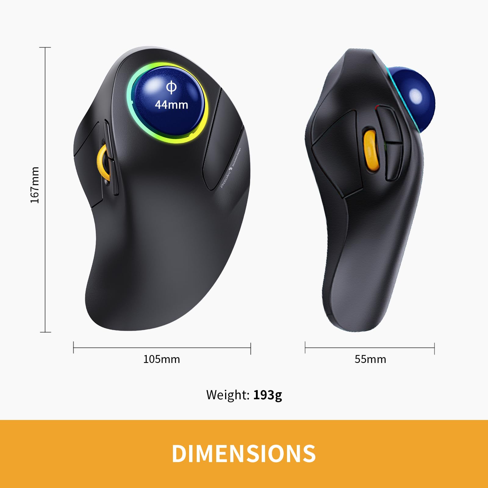 ProtoArc EM03 - Mouse trackball wireless Bluetooth, ergonomico, RGB con trackball, ricaricabile, per computer portatile, connessione a 3 dispositivi, compatibile con iPad, Mac, Windows- Palla Blu