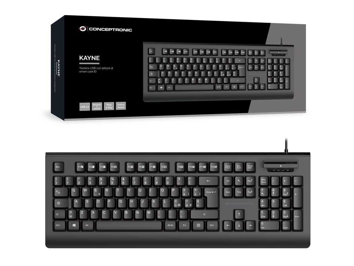 Conceptronic Teclado USB con lector de tarjetas de identificación inteligente, diseño de TI, color negro