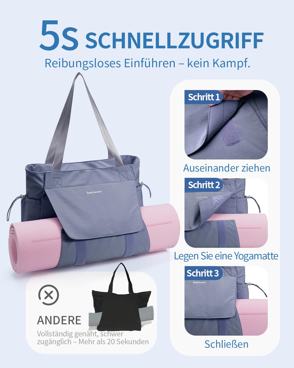 sportsnew Yogatasche Damen Groß Wasserdicht Yoga Tote Tasche mit Nassfach & Klettverschluss Schnellzugriff Yogamatte