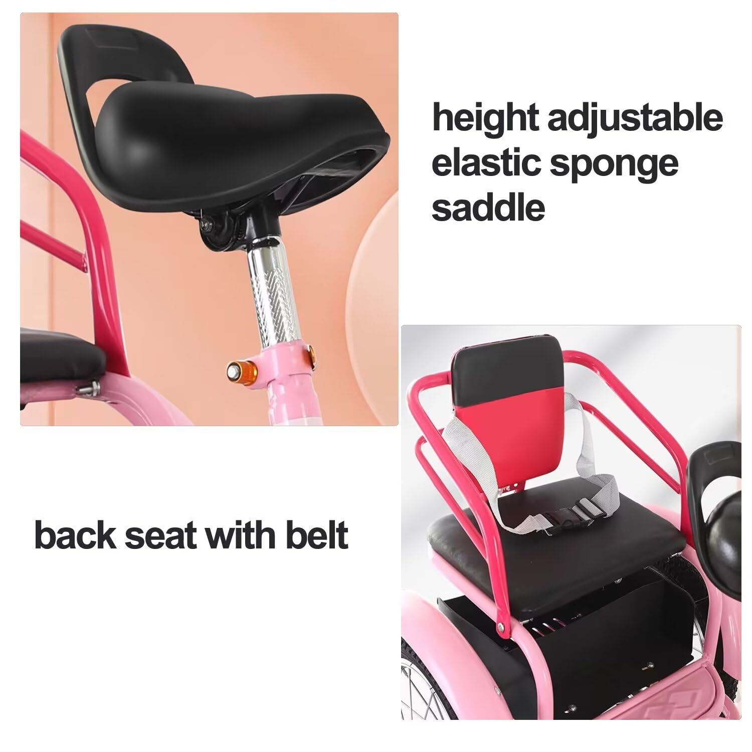Bicicletta a tre ruote Triciclo pieghevole con sedile posteriore, doppi freni, pneumatici multicolori da 14-18 pollici(Pink,16inch)