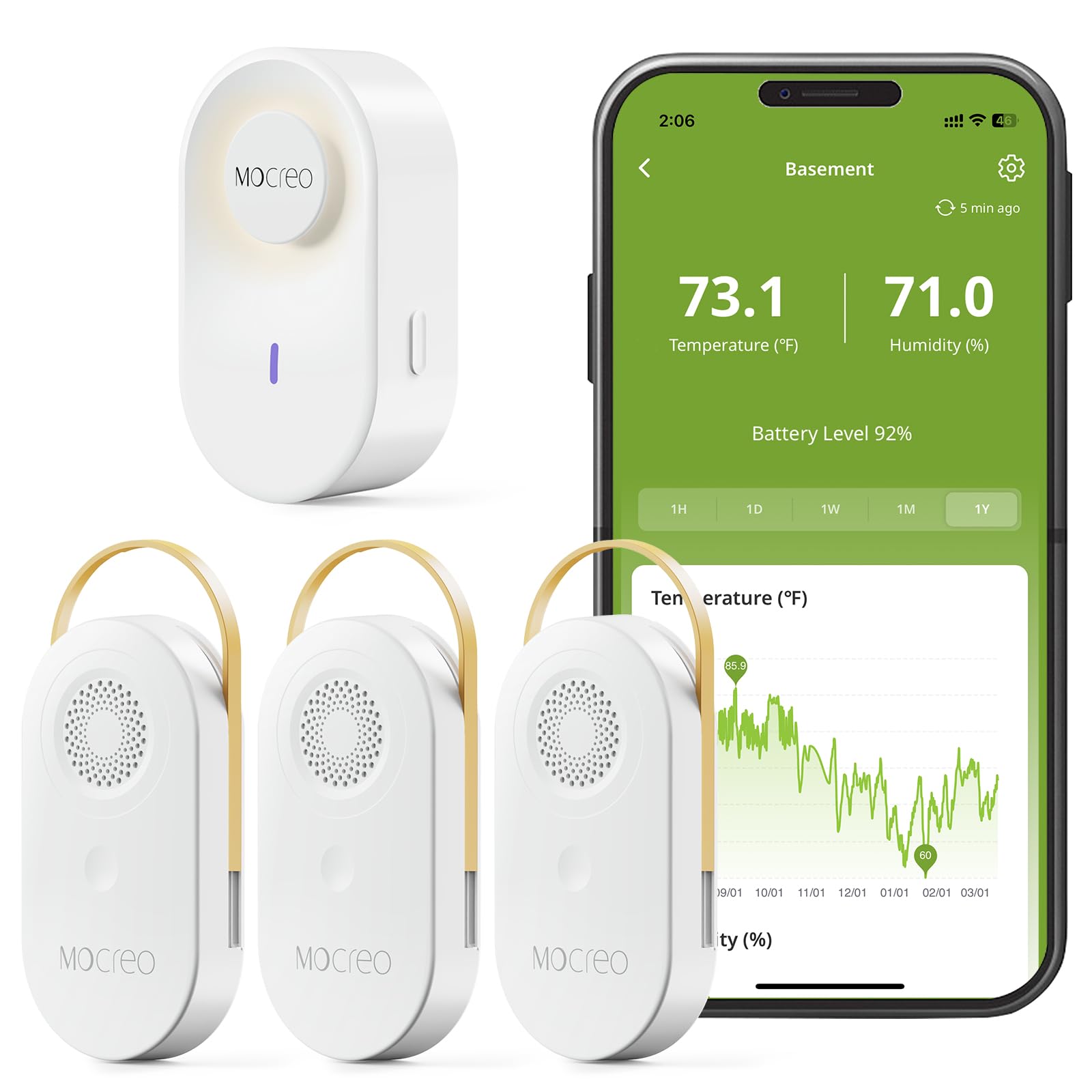 MOCREO WiFi Hygrometer Thermometer, 609.6 m Ultra-Long Range Humidity Sensor with Hub Night Light, Remote Temperature Monitor with App Alerts & 2 Year Data Export, for Home, Greenhouse, Reptile Tank