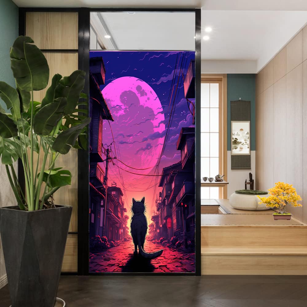 Abstrakte Katze, Buntglas-Fensterfolie, Retro-Stil, japanischer Stil, Tier, gehend, Mondlicht, dekorative Milchglas-Sichtschutzfolie, Hitzeregulierung, statisch haftende Fensteraufkleber, 80 x 120 cm