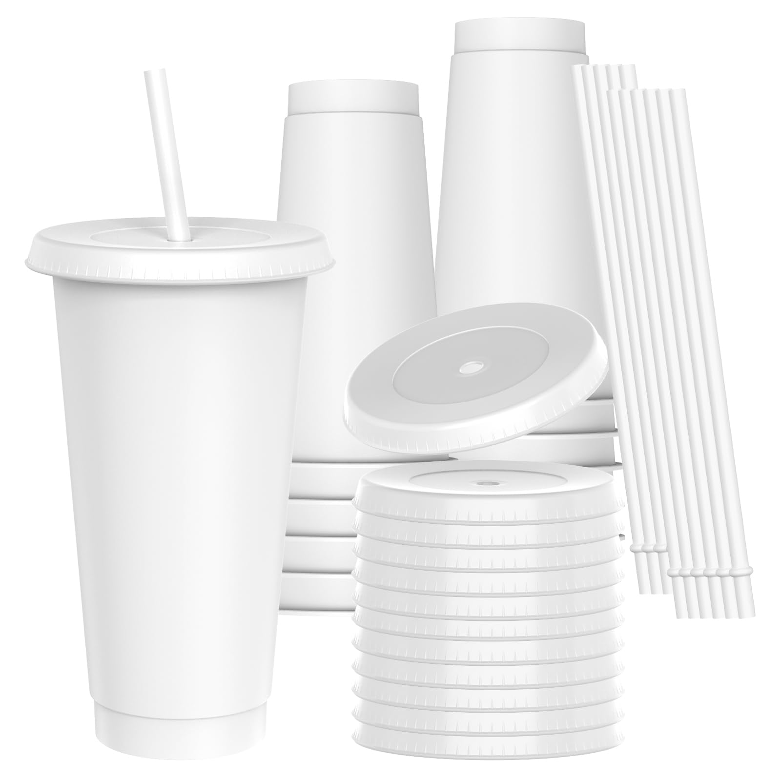 OZMOJOO 710 ml Plastic Cups with Lids and Straws, Sturdy & Food-Safe Iced Coffee Cups with Lid, Plastic Tumbler Reusable, Drinking Cups for Cold Drinks, Milkshakes, Smoothies - White(12 Sets)