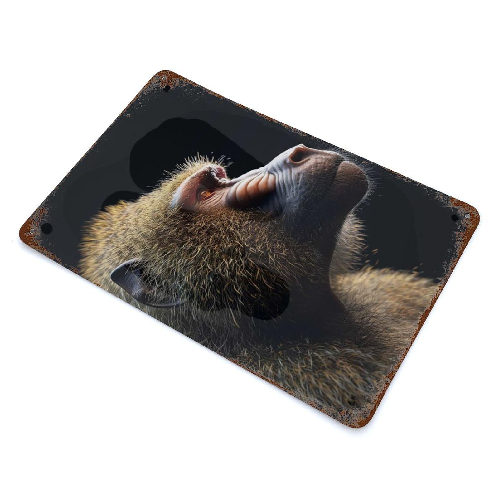 Baboon 11.8"x7.9" Rust Effect Tin Sign, Rustic Home Decor for Office, Studio And Wall Decor