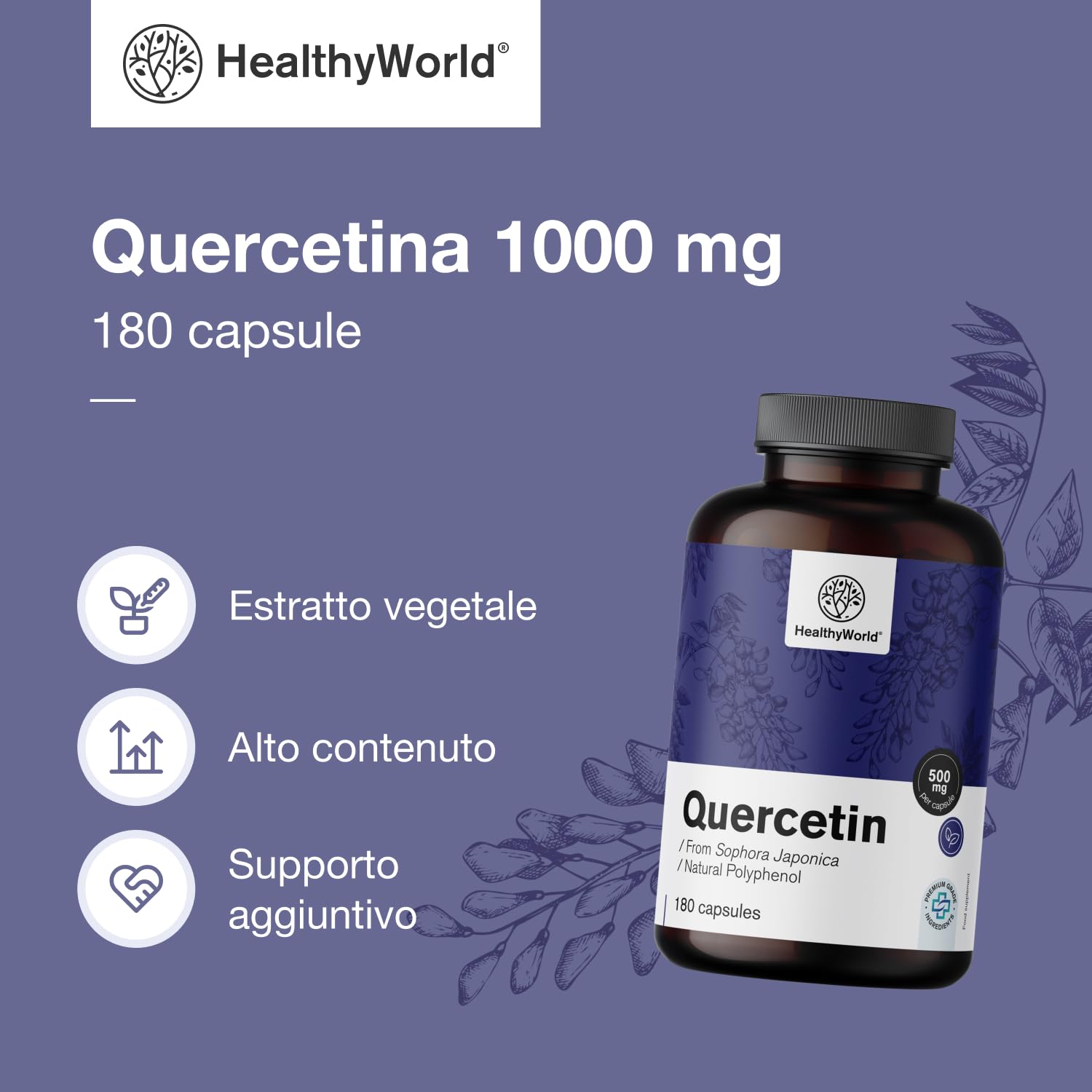 HealthyWorld Quercetina 1000 mg – 180 Capsule Vegetali – Dall'estratto dei fiori di sophora del Giappone – Alto Contenuto di 1000 mg per Capsula – Senza OGM e allergeni – Scorta per 3 mesi