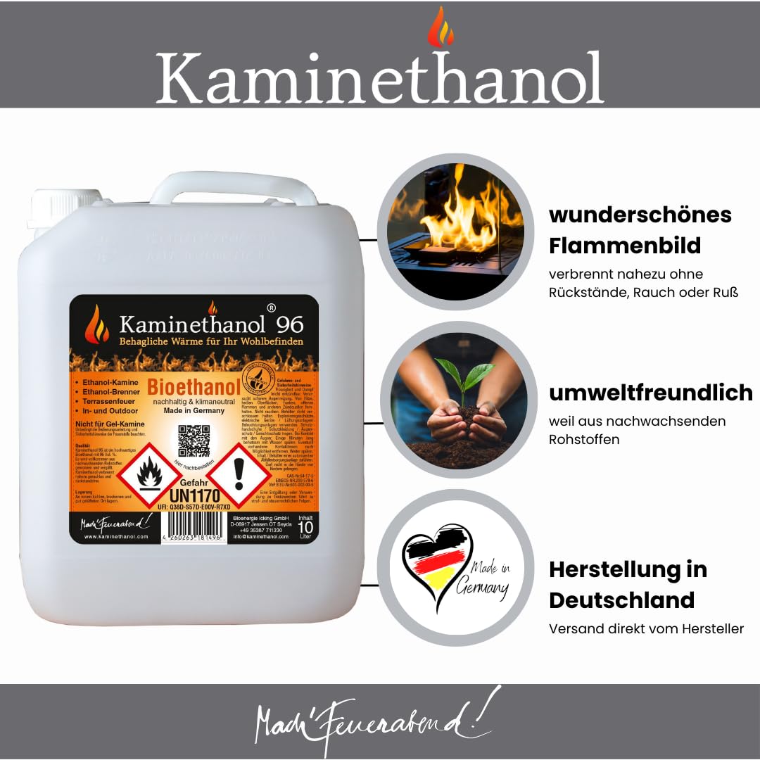 Icking Bioethanol 96,6% 30 Liter (3 x 10 L) | Premium Qualität - direkt vom Hersteller für Ethanol Kamine, Alkohol-Brenner, Terrasenfeuer, Raumfeuer und Gartenfackeln