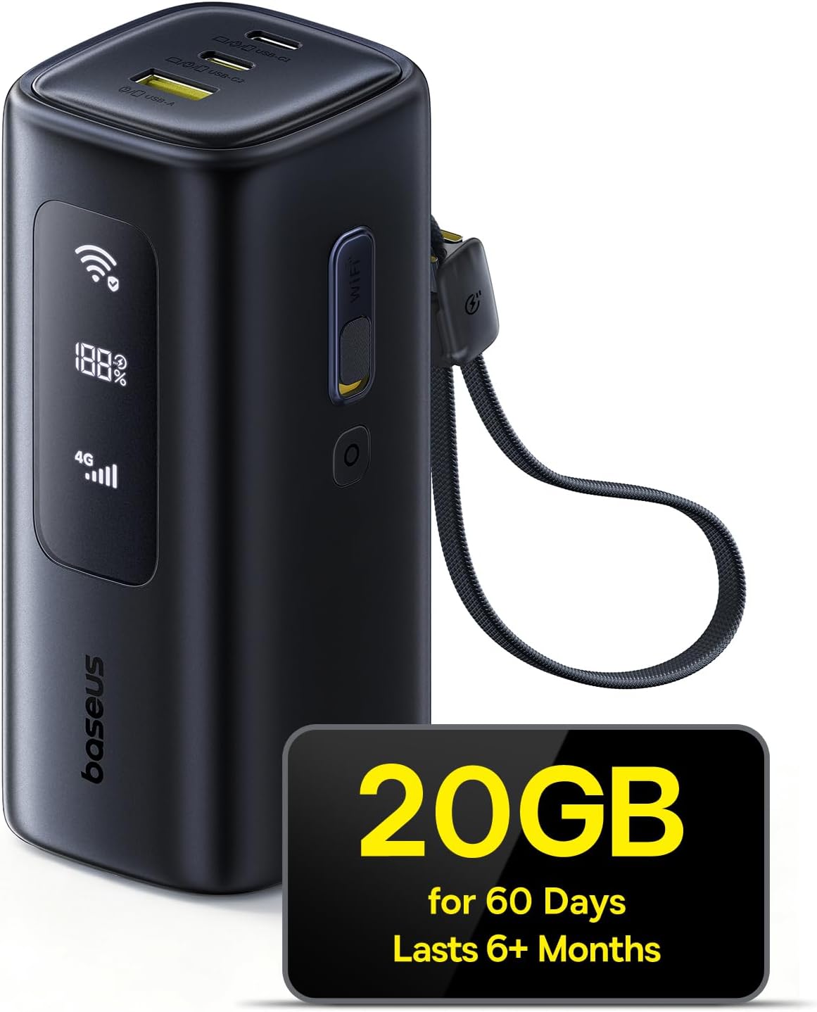 Baseus 4G LTE Mobile Hotspot & 20000mAh 67W Power Bank 2-in-1, Portable WiFi for Travel in 150+ Countries, No SIM Card, No Contract, 10 Devices, Worldwide Hotspot Router (Includes 20GB Local Data)