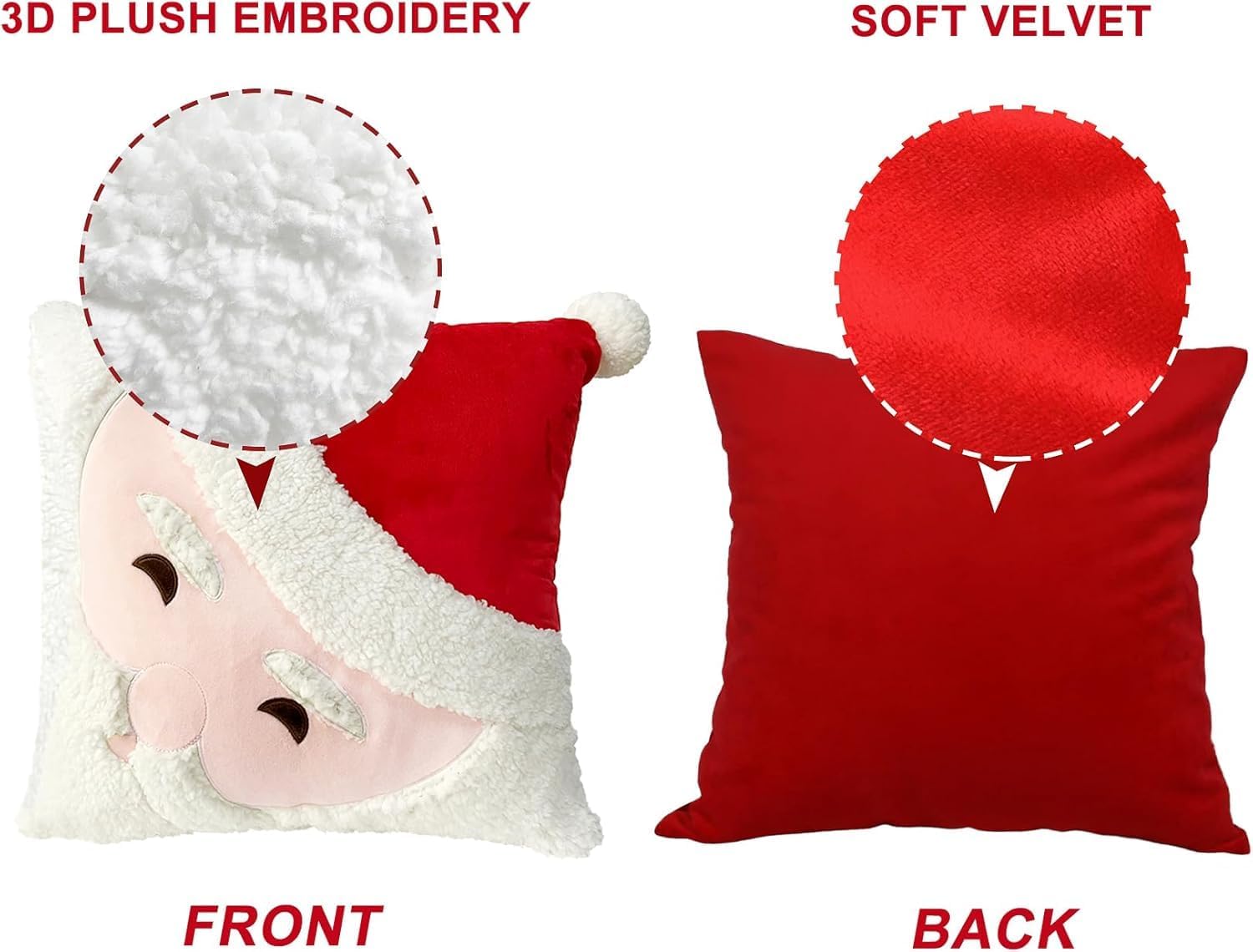 2Pcs Christmas Pillow Covers 18x18 Inch - Santa Claus Theme Square 3D Embroidered Velvet Pillowcases, Fun Winter Indoor Decoration for Bed and Sofa