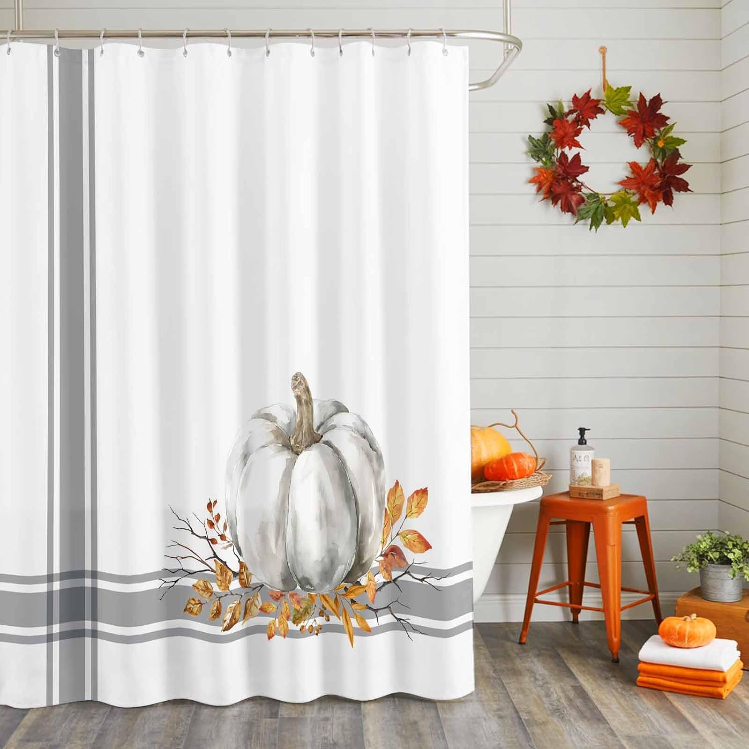 Fall Shower Curtain for Bathroom White Pumpkin Fall Leaf Shower Curtains Set with 12 Hooks Bath Curtain for Thanksgiving Decor Waterproof Fabric 72x84 Extra Long