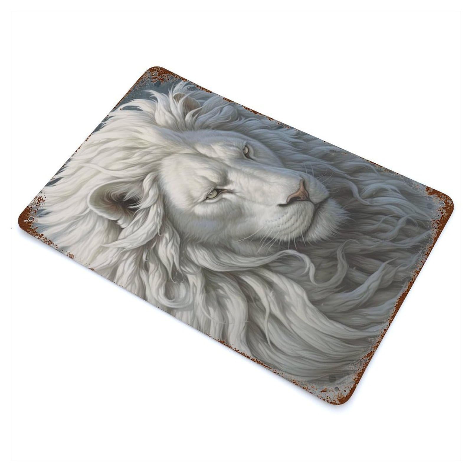 Aged Metal Wall Plaque with White Lion Design 11.8"x7.9", for Basement, Hobby Room And Garage Decor, Farmhouse Wall Decor
