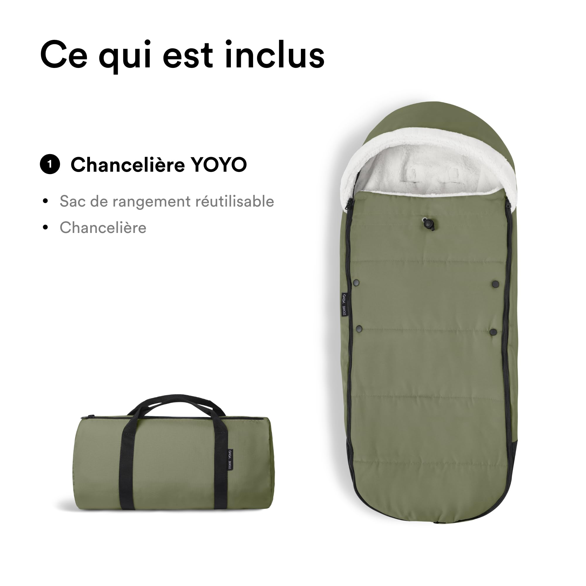 Stokke YOYO Chancelière, Olive - Doublure sherpa, capuche en polaire avec cordon de serrage, double rembourrage - Lavable machine à 30°C - Sac inclus