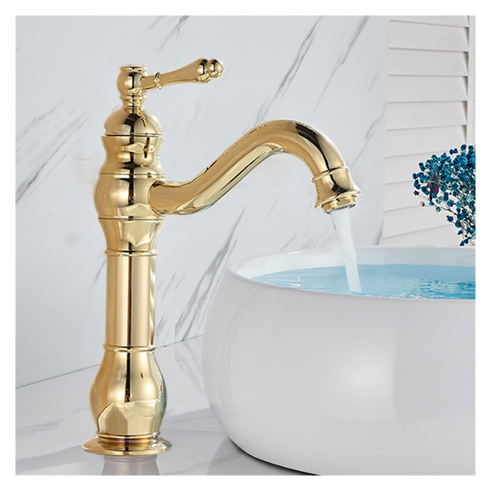 Mooilko Gold Tall Brass Antique Brass Taps Bathroom Faucet Basin Faucet Cold Water Column Mixer Deck Mounted Crane Basin Faucet Tall Short Easy To Install(Gold Tall)