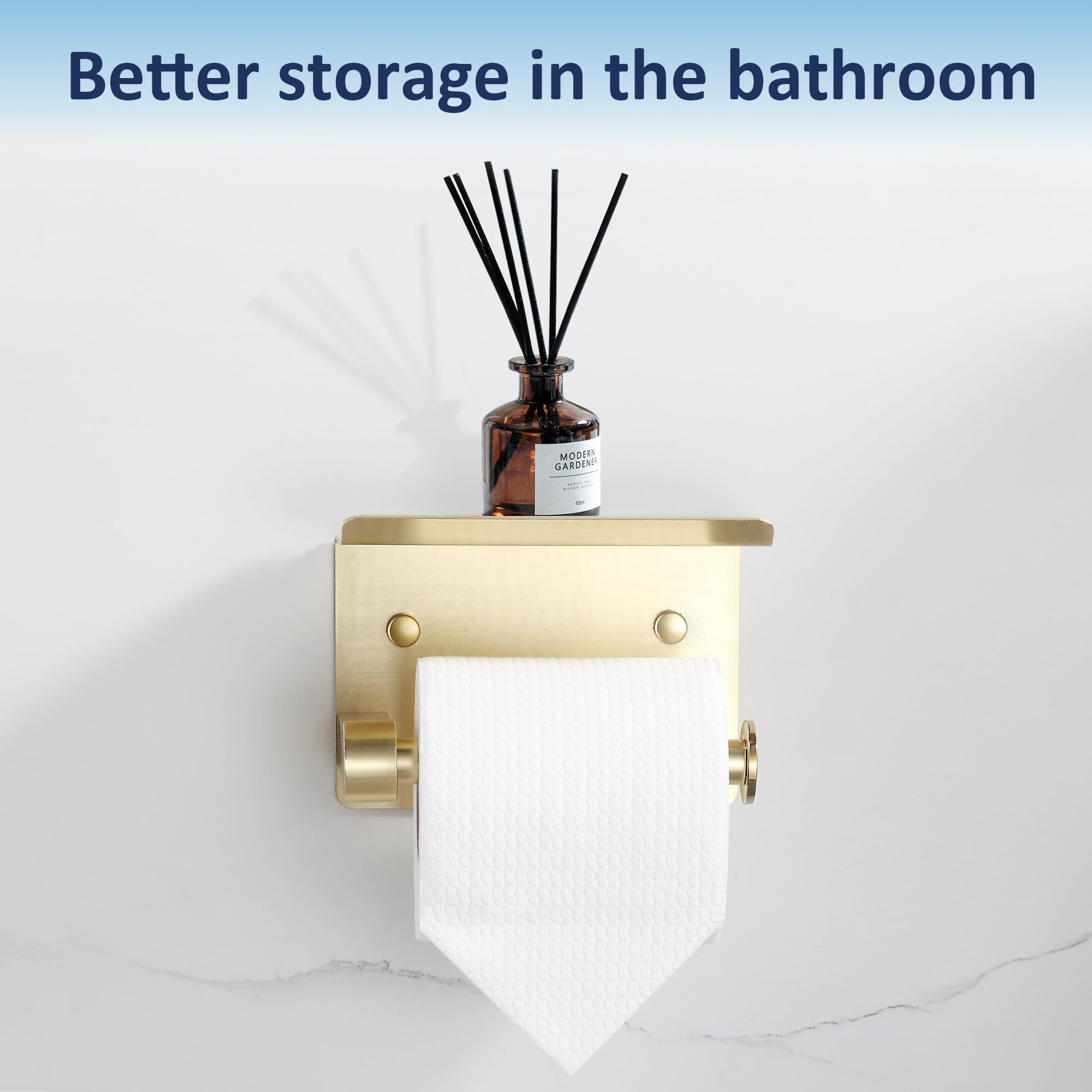 BGL Toilet Paper Holder with Shelf, Jumbo Roll Toilet Paper Holder for Large Rolls,Brushed Gold Adhesive Toilet Roll Holder for Bathroom，Renter Friendly Toilet Paper Holder — Amazon image 2